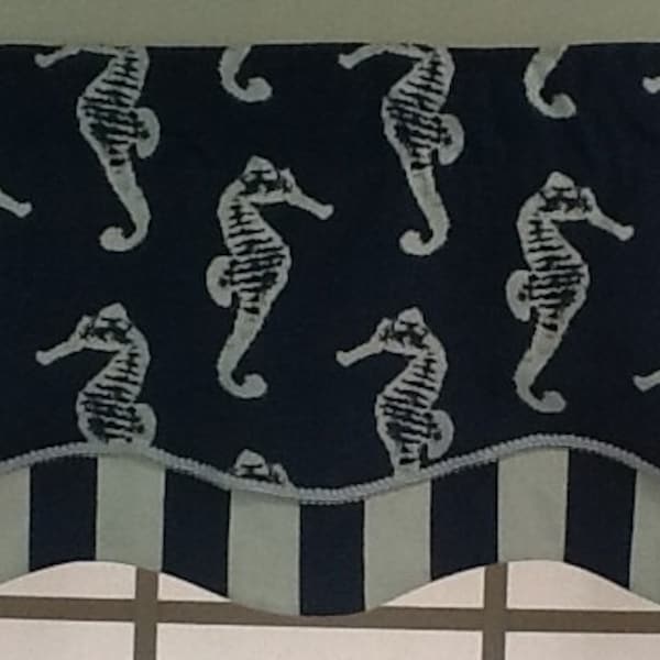 Seahorse layered shaped nautical coastal valance in navy