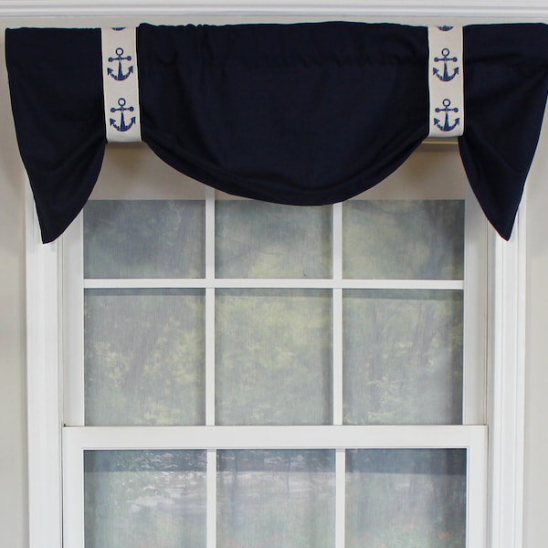 Nautical suspender valance with anchors or ticking stripe ribbon