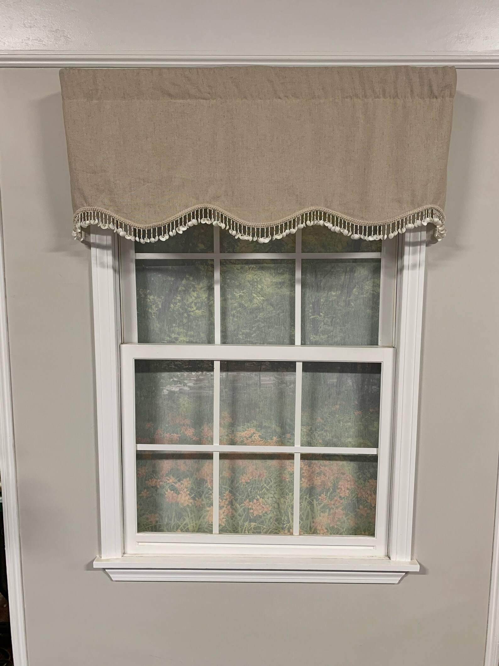 Linen shaped valance with seashell and gimp trim Etsy