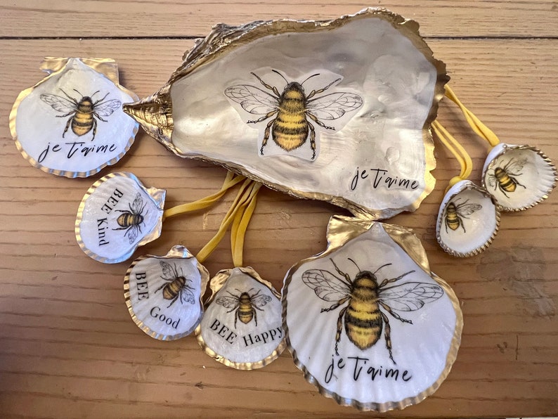Bee Happy Shell Decoupaged Bee Shell Ornaments ,trinket Dish and Statement Pieces - Etsy
