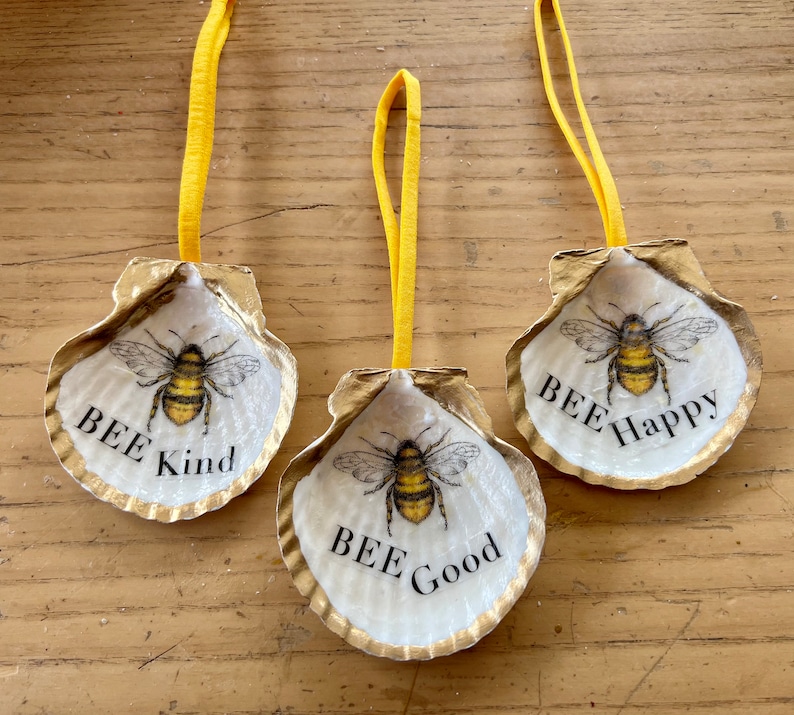 Bee Happy Shell Decoupaged Bee Shell Ornaments ,trinket Dish and Statement Pieces - Etsy