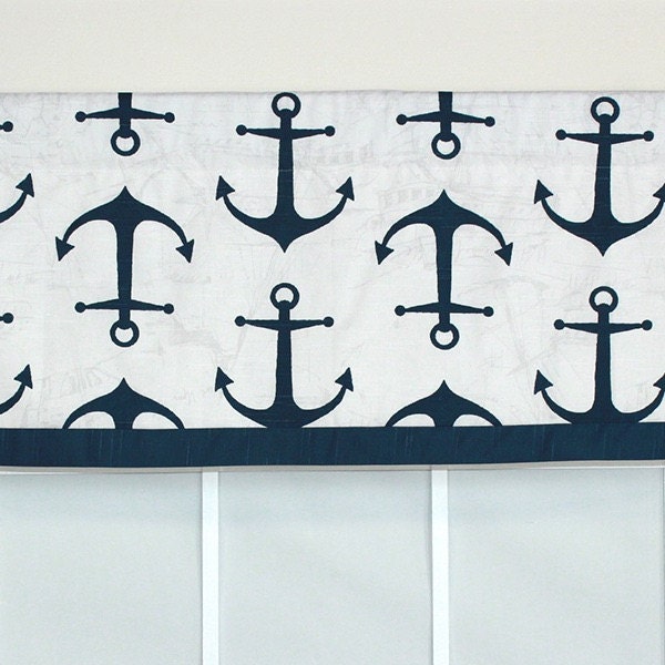 Banded anchor  tailored valance in navy ,gold, turquoise