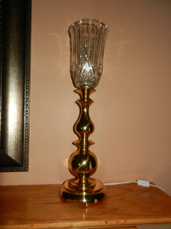 Pair of Brass Candlestick Lamps with Cut Glass Crystal Shades Etsy
