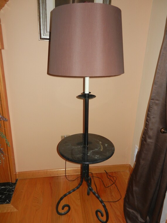 Vintage Floor Lamp With a Black Marble Like Table and Barrel Shade