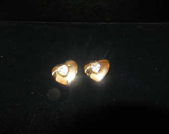 Heart Shaped Gold Finished Pierced Earrings with Clear Stone insert