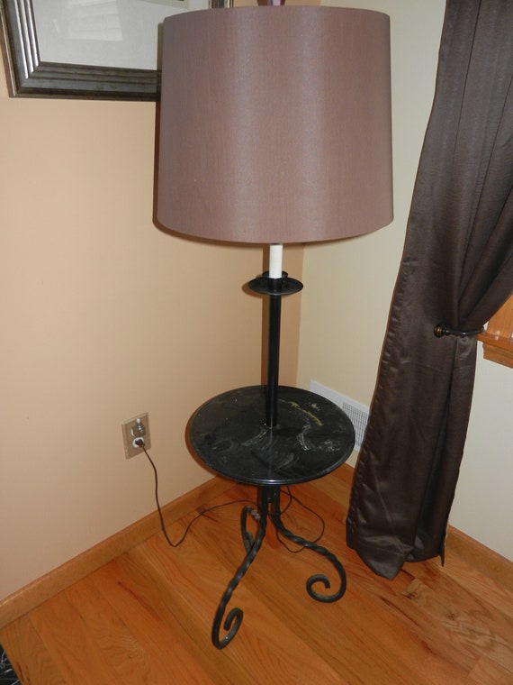 Vintage Floor Lamp With a Black Marble Like Table and Barrel Shade