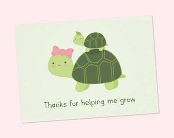 Mother's day printable card with cute turtles, Thanks for helping me grow, PDF DIY 6x4 inch