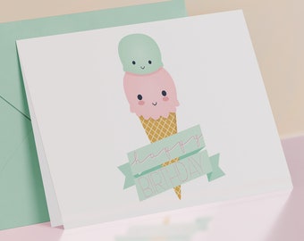 Happy Birthday card with kawaii ice cream - PDF DIY 6x4 inch