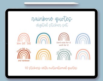 40 motivational rainbow quotes stickers, boho inspirational digital sticker set with autumn colors for GoodNotes, printable PNG file