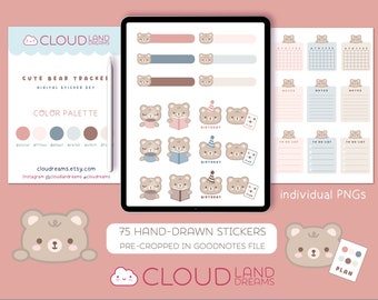 Hand-drawn kawaii bear digital stickers set, 75 pre-cropped kawaii habit tracker for GoodNotes, individual printable PNG