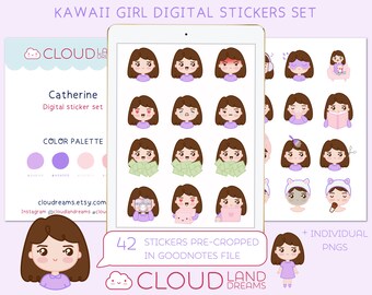 Cute brunette girl 42 digital stickers, digital planner stickers pre-cropped for GoodNotes, individual PNG for other app for tablet and iPad