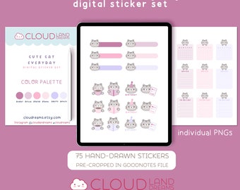 Kawaii cat everyday stickers, hand-drawn digital stickers set, 75 kawaii habit tracker pre-cropped for GoodNotes, individual printable PNGs