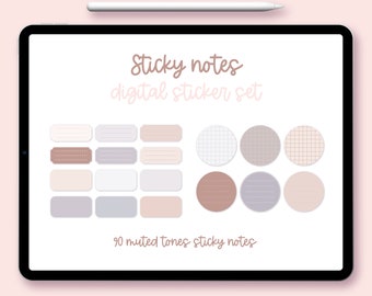 90 sticky notes with neutral tones, boho bullet journal digital sticker set with earth tones and shadows for GoodNotes, individual PNGs