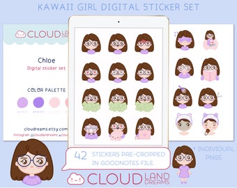 Brunette girl with glasses 42 digital stickers, digital planner stickers pre-cropped for GoodNotes, individual PNGs