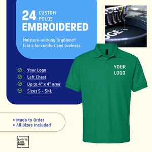 24 Custom Logo Polos – Gildan DryBlend® – Embroidered Left Chest – Sizes S–5XL Included – No Setup Fee