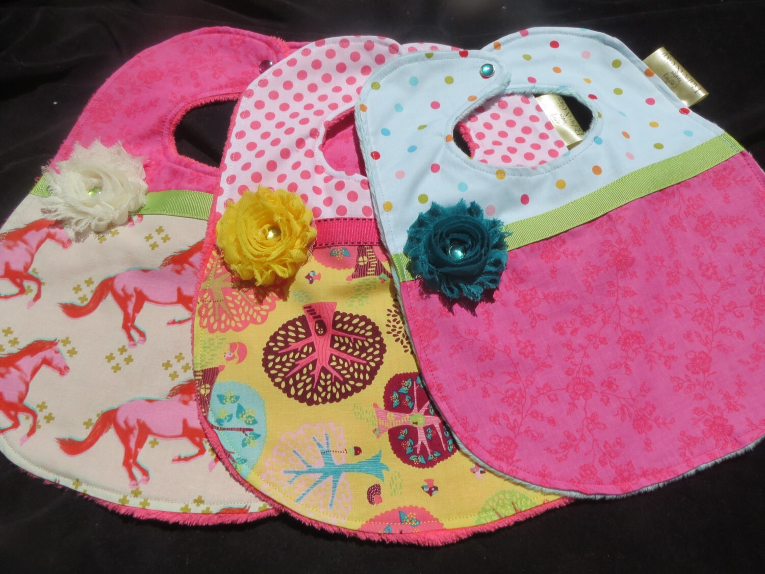 Shabby chic baby girl bib set of 3 shabby chic flowers on | Etsy