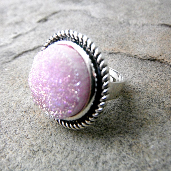 Pink Druzy Ring, Pink Cabochon Ring, Pink Ring, Pink Crystal Ring, Pink Gemstone Ring, Adjustable Ring, Druzy Jewelry