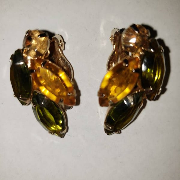 VINTAGE GREEN & AMBER Marquis Rhinestones with Topaz Round Rhinestone Earrings!