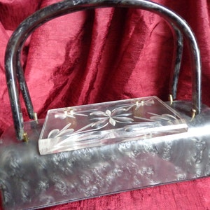 VINTAGE Unique Shape Grey Pearlized LUCITE Purse with Clear Carved Lucite Lid!