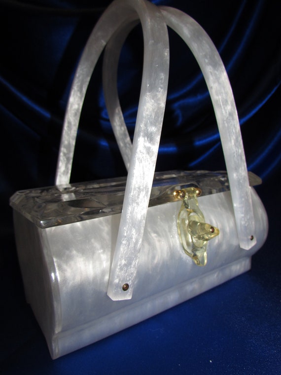 VINTAGE Original Rialto NY White Marbleized LUCITE Purse With Clear Double Carved Lucite Lid and Built in Leg Design Etsy