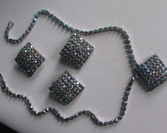 VINTAGE AURORA BOREALIS Rhinestones Necklace, Earrings and Matching Brooch Set