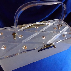 Vintage White Pearlized Lucite Purse with Clear Diamond Cut Luciite Lid Adorned in Rhinestones! B18