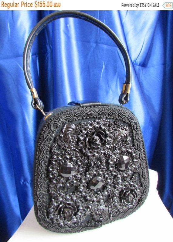 Vintage UNIQUE Black Wool adorned with Black Lucit