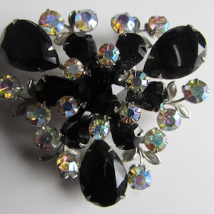 VINTAGE Layered Black and Aurora Borealis RHINESTONEs Prong Set Brooch -Stunning