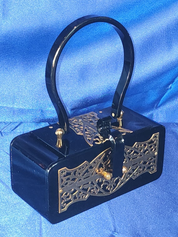 Vintage WILARDY Shiny Black Lucite Purse with GOLD