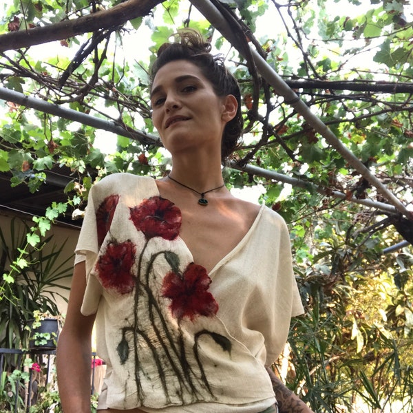 Silk and Cotton Handwoven Blouse , Poppies Nuno Felting Blouse ,Wearableart , Slow Fashion , Nuno Felted