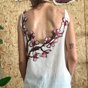 Sakura Flower Blouse,Hand Wowen Cotton Clothing,Wearable Art,Unique,Nuno Felted Blouse