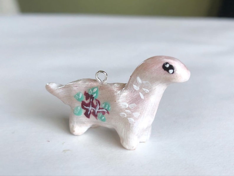 Polymer Clay Brachiosaurus Charm with painted Flowers Option to have inserted on Stainless Steel Necklace or keychain!