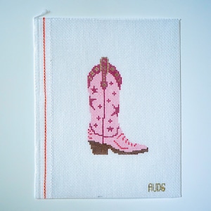 Cowboy Boot Needlepoint Canvas, Hand painted, Stitch Painted, Pink Cowboy Cowgirl Boot Design, 18 Count Canvas