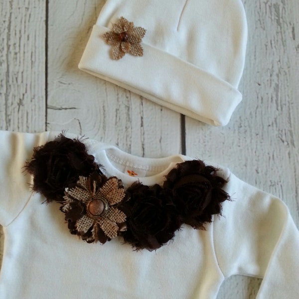Newborn Gown- Going Home Outfit- Baby- Gown and Hat- Girl Sleep Sack- Critters and Curls