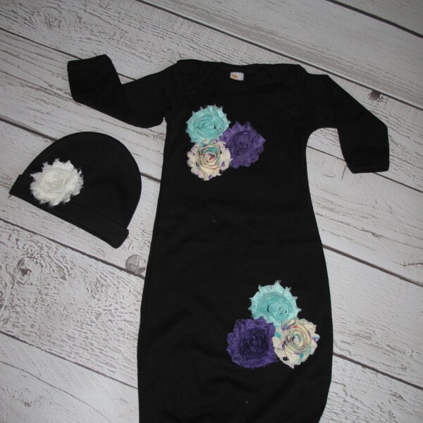 Newborn Gown- Going Home Outfit- Baby- Gown and Hat- Girl Sleep Sack- Critters and Curls
