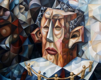 Cornered 2022, 24" x 24" (original oil on canvas by Alex Lavrov) Psychological symbolism, cubism, surrealism, philosophy