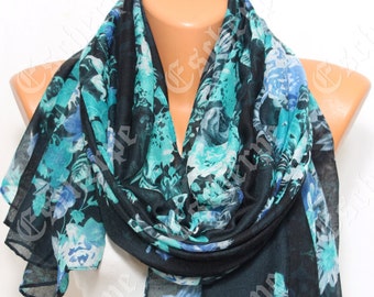 Black Blue Floral Scarf Women's Fashion Winter Accessories Christmas Gift For Her Gift Ideas Women Scarves Holiday Gift Ideas