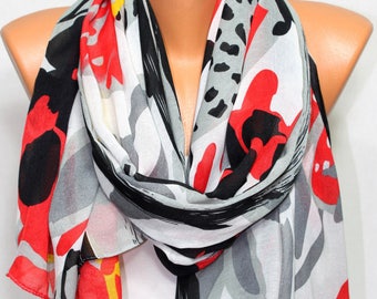 Art Print Grey Black Red White Yellow Scarf Fall Winter Accessory Women's Fashion Accessories Scarves Holiday Gift Ideas For Her Mom