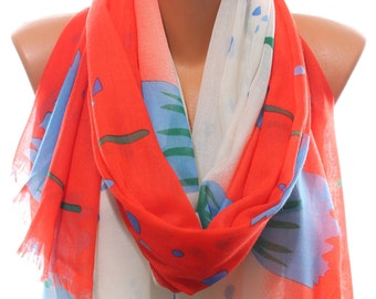 Tulip Print Coral White Blue Spring Summer Scarf Beach Coverup Pareo Women's Fashion Accessories Scarves Holidays Easter Gift Ideas For Her