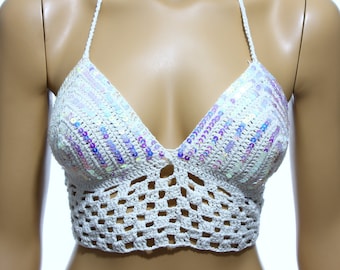 Crochet Festival Top Lentejuelas Bikini Top Beachwear Traje de baño Mujeres Halter Top Swimsuit Novias Regalo Ideas para Her-EXPRESS SHIPPING