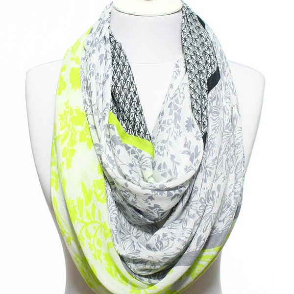 Neon Yellow Grey White Floral Printed So Soft Lightweight Spring Summer Woman Fashion Accessory Scarves Women Gift Ideas For Her Him Mom