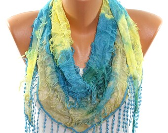 Azul amarillo verde mariposa patrón tul encaje triángulo bufanda de las mujeres primavera verano moda accesorios mejor amigo regalo ideas para ella