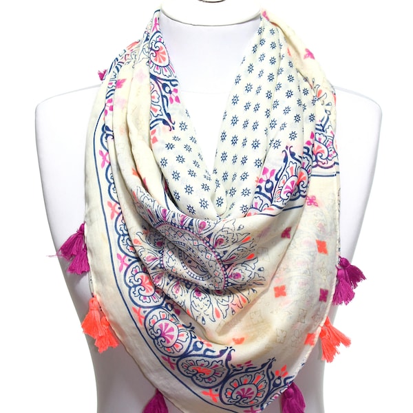 Neon Orange Fuchsia Navy Printed Scarf Lightweight Spring Summer Woman Fashion Accessory Pareo Beach Wrap Cover Up Women Gift Ideas For Her