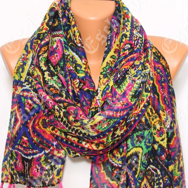 Multicolor Neon Tribal Native Tassel Scarf Woman Fashion Accessory Women Fashion Accessories Women Scarves Holiday Gift Ideas For Her Mom