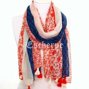 Red Blue Floral Tassel Woman Scarf So Soft Lightweight Spring Summer Accessory Women Fashion Accessories Gift Ideas For Her For Mom