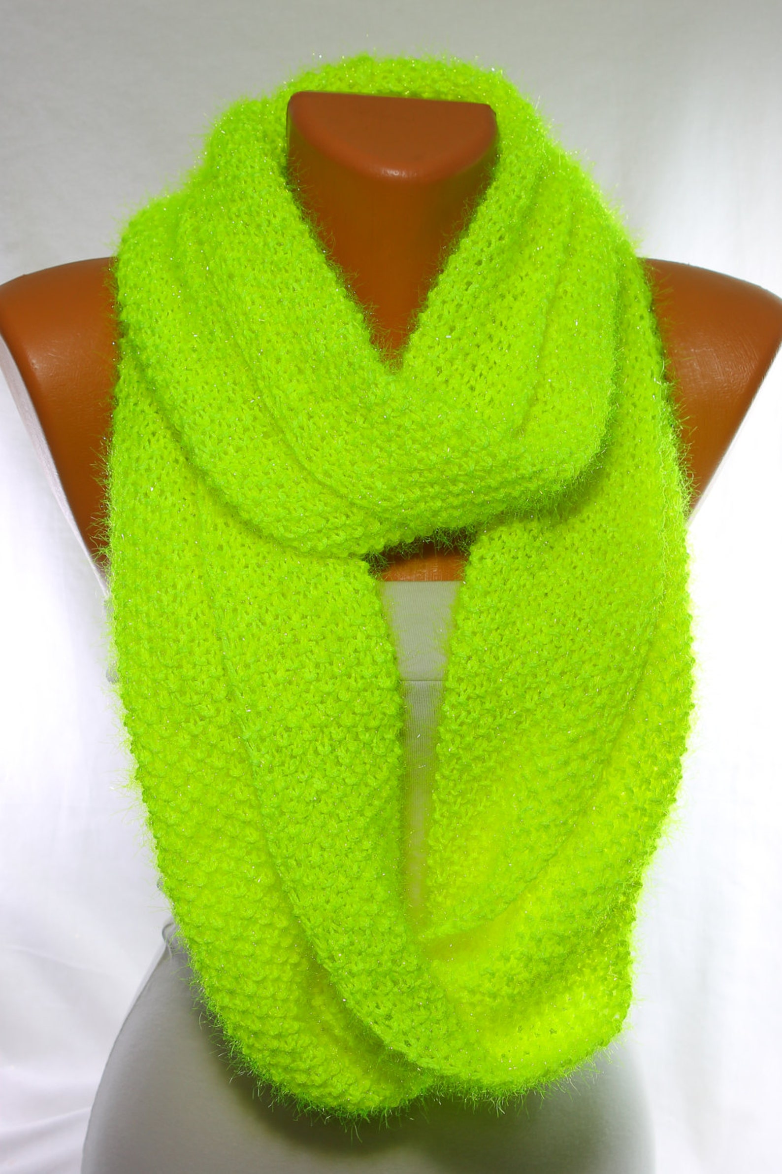 neon-scarf-infinity-scarf-knit-scarf-yellow-scarf-sparkly-handknit