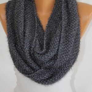 Hand Knit Dark Gray Sparkly Infinity Scarf Fall Scarf Winter Scarf Neck Warmer Women&#39;s Fashion Accessories Holiday Gift Ideas For Her