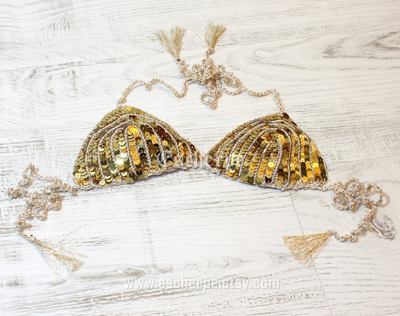 Gold Sequin Crochet Bikini Set Crochet Top Bottom Swimwear Womens Girls Swimwear Swimsuit Girlfriends Gift Ideas For Her-EXPRESS SHIPPING image 4