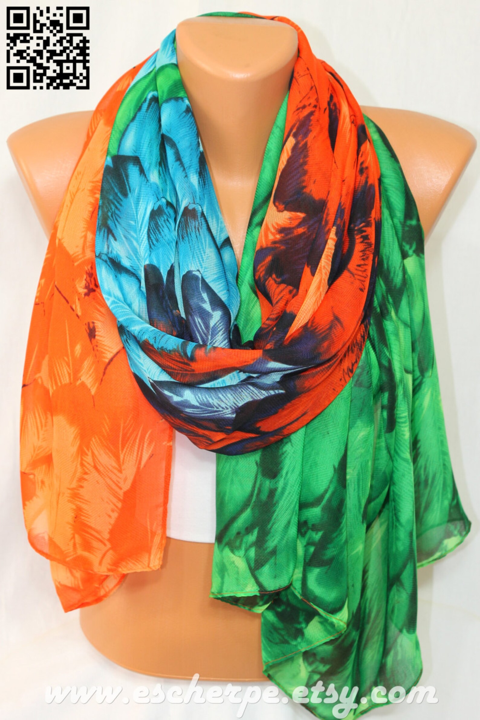 Feathers Wings Emerald Blue Orange Scarf Lightweight Silky Etsy