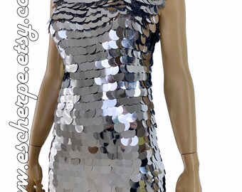 Minivestido de fiesta de lentejuelas plateadas para noche, vestido de algodón tejido a crochet hecho a mano, vestido plateado, vestido de cóctel para festival, ideas de regalo para ella